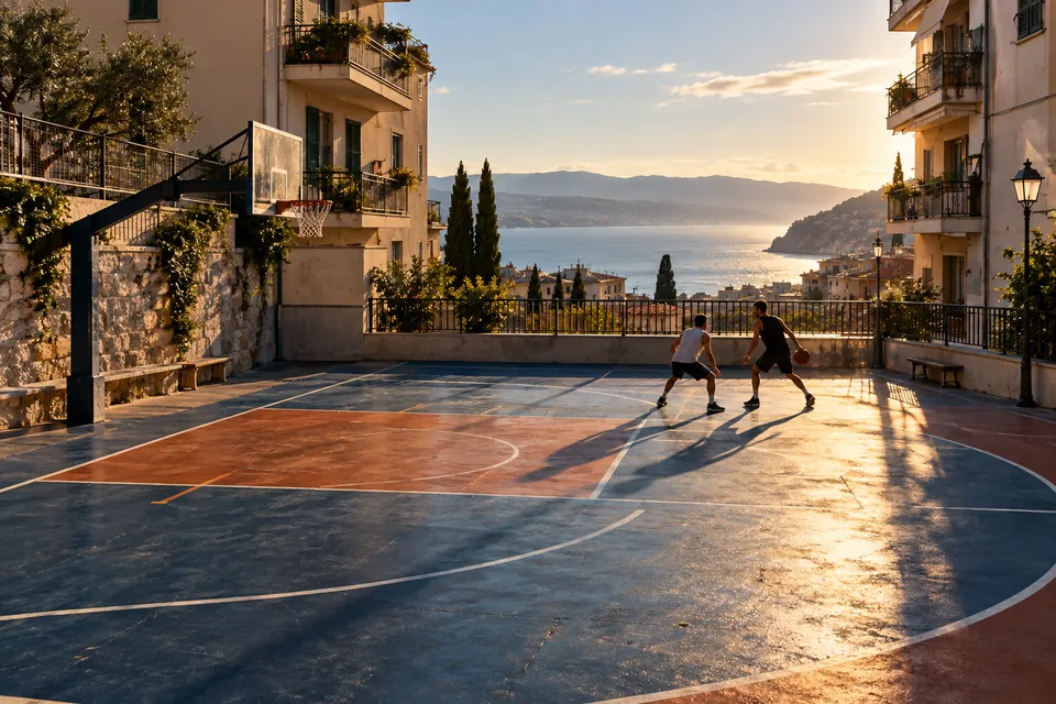Outdoor basketball court between Mediterranean apartment buildings