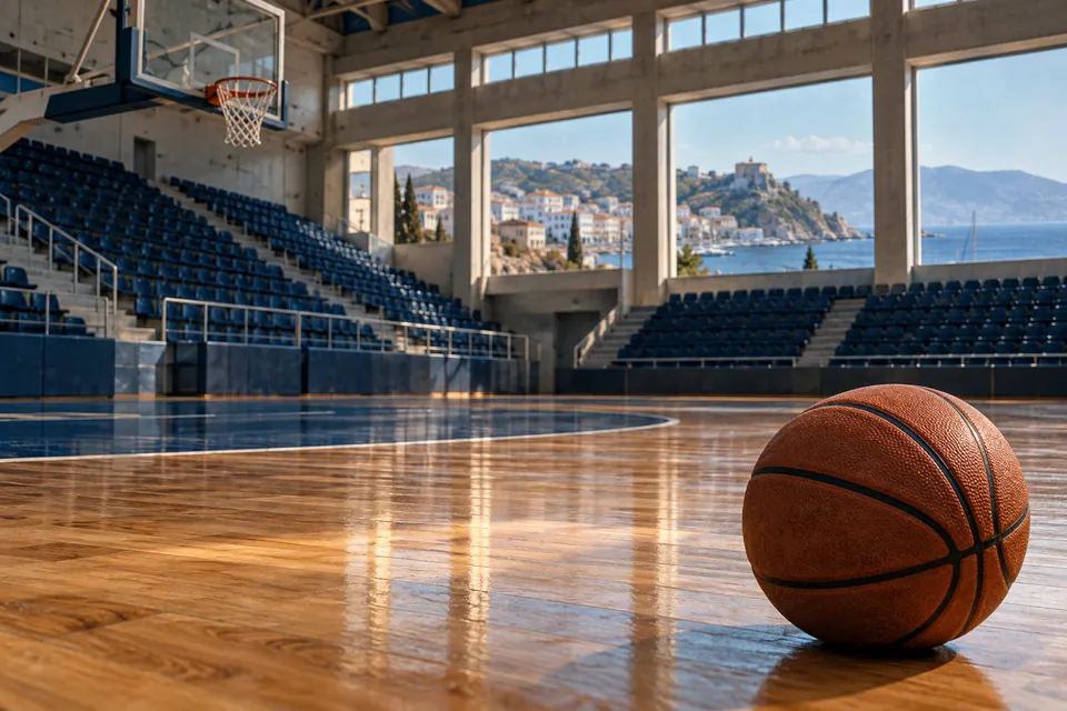 Basketball on a sunlit parquet court in a fictional indoor hall