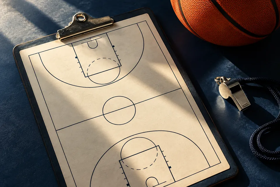 Basketball tactics board, ball and whistle viewed from above