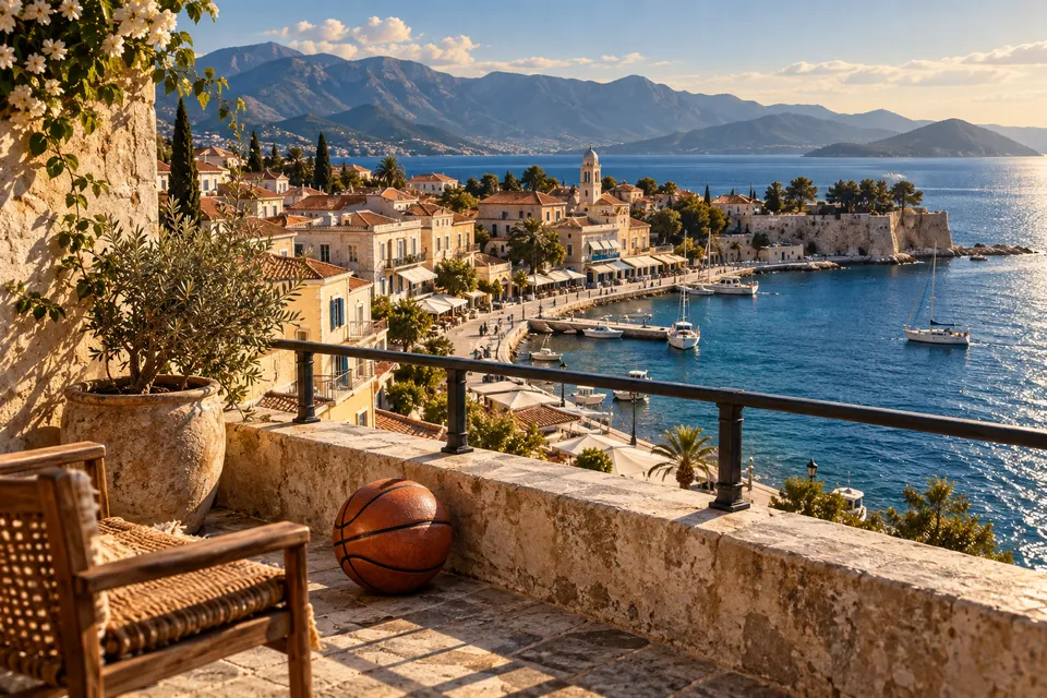 Illustrative Greek waterfront with a basketball on a terrace