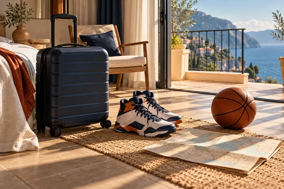 Carry-on suitcase and basketball shoes in a Mediterranean room